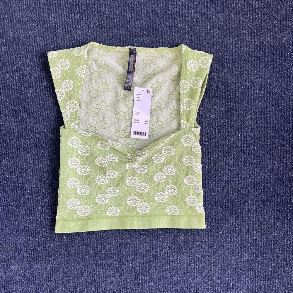 Green Floral Cropped Tank Top Womens XS/S V Neck Stretch Knit Sleeveless